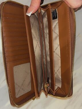 Michael Kors Brown Leather Zip Wristlet with Gold Logo